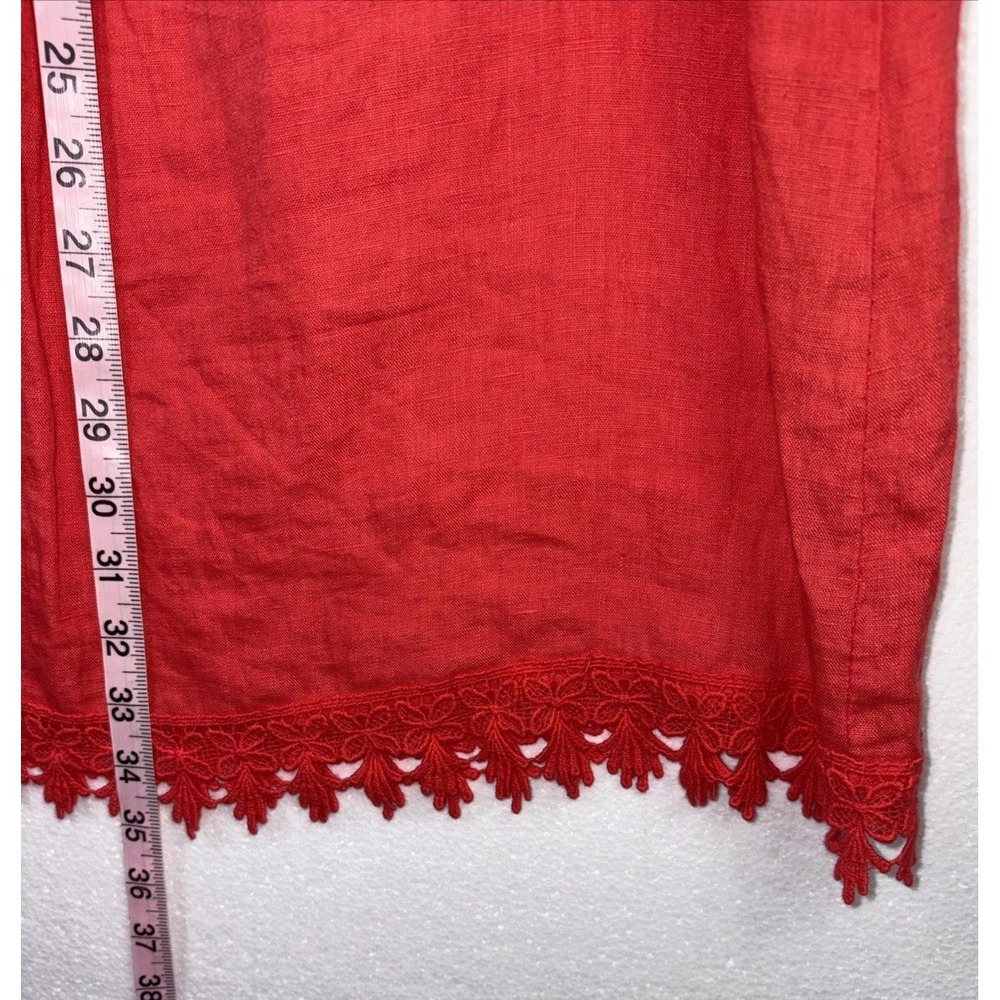 Linen Dress Lungo L' Arno Italy Womens Sz L Red Tie sleeve Lace Boho Beach NWT - Picture 6 of 11